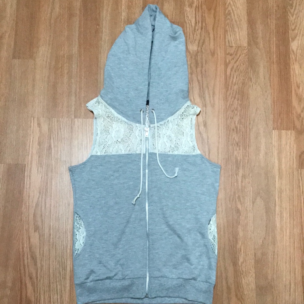 Juniors’ Zip Front Hoodie Vest with Crochet Trim